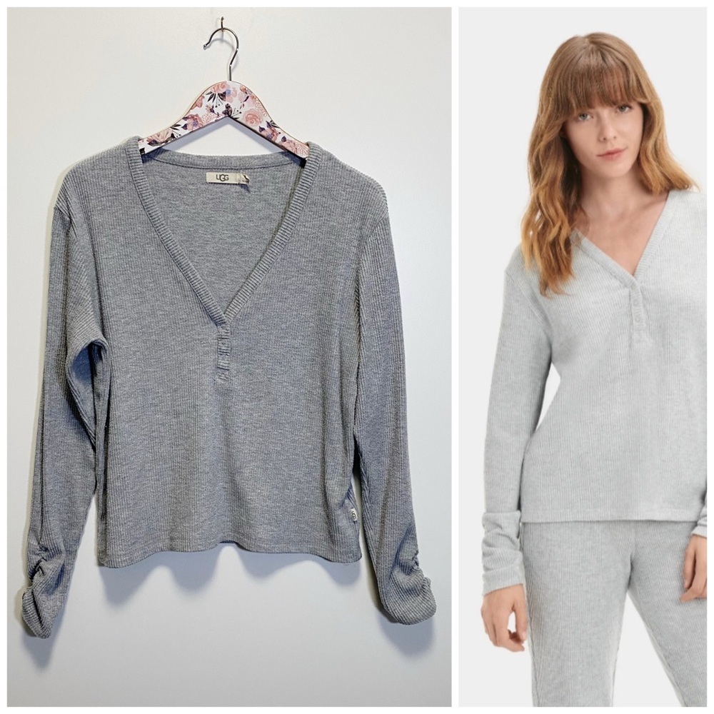 UGG Maxwell Henley Gray Ribbed Knit Long Sleeve Top S Small